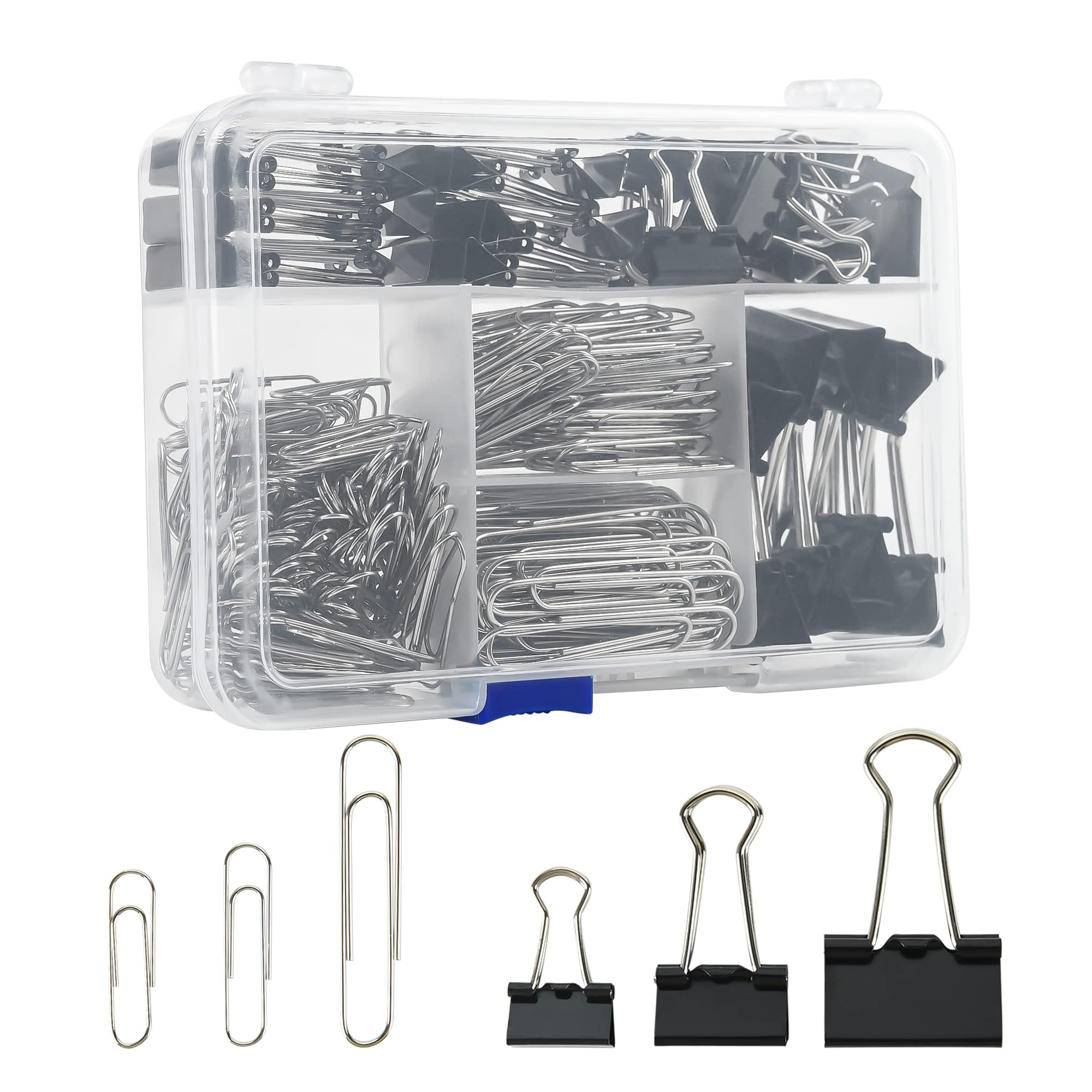 Binder Clip Assorted - 各種サイズのバインダークリップ＆ジャンボペーパークリップセット - 340個入り ブラック、オフィス＆学校用品用大型、コンパートメント付き容器入り