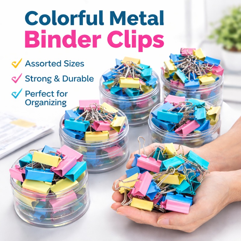 Binder Clip Assorted - カラフルな金属製バインダークリップ、各種サイズのオフィス用紙クリップ、書類用、黒色のファイルクリップ、文房具用品
