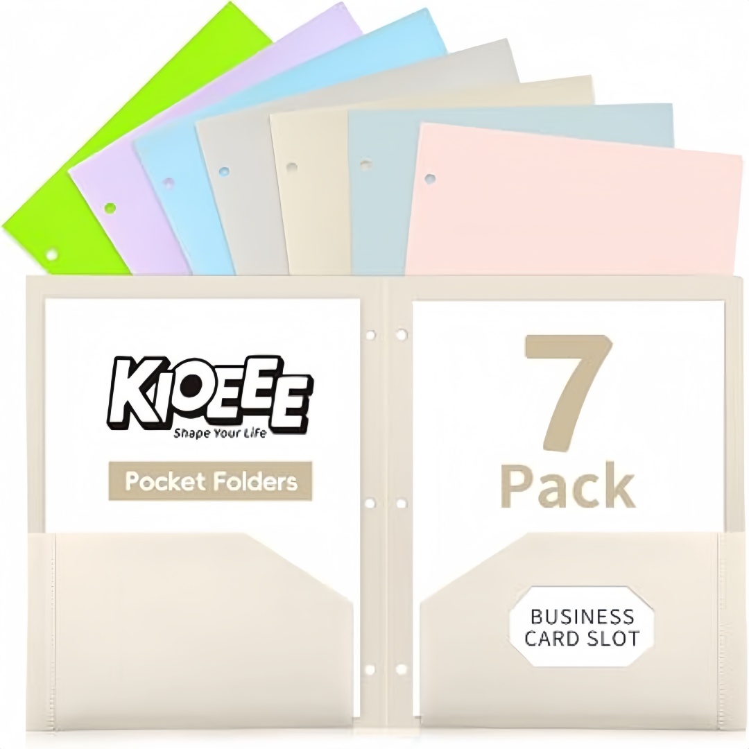 Paper Punch 3 Hole - ポケット付きプラスチックフォルダー7個パック、3リングバインダー、3穴パンチフォルダーに適合、文書用の頑丈なバインダーフォルダー、レターサイズの紙に適合、パステルカラー、子供、学生、教師、オフィス用